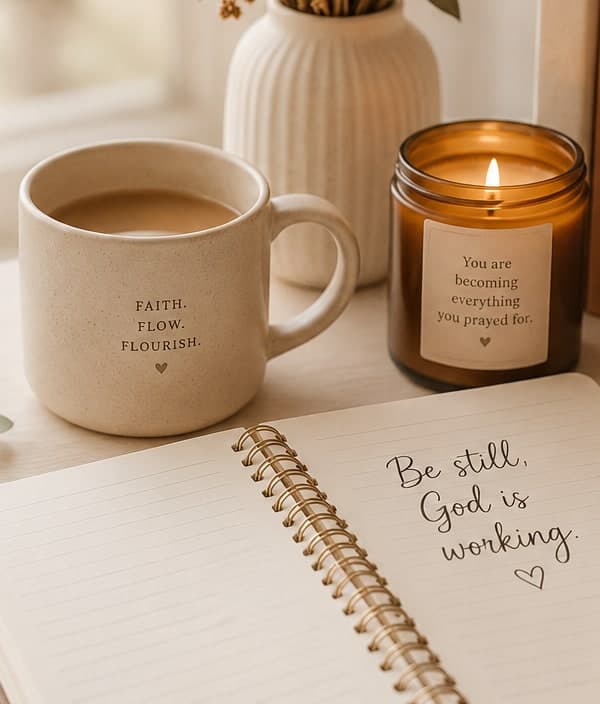 A Faith. Flow. Flourish. mug of coffee, a lit candle, and an open journal that reads Be still, God is working