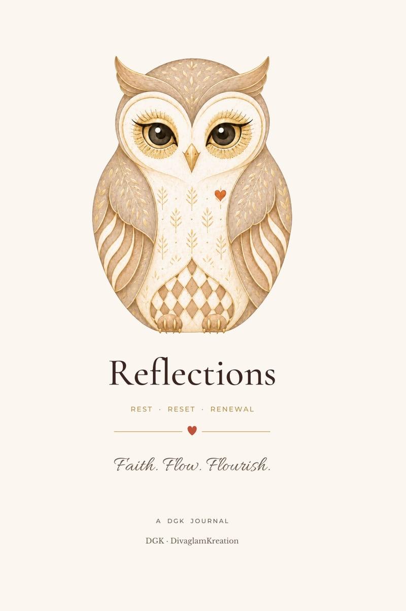 Reflections hardcover journal cover with the Glow Owl, Rest · Reset · Renewal